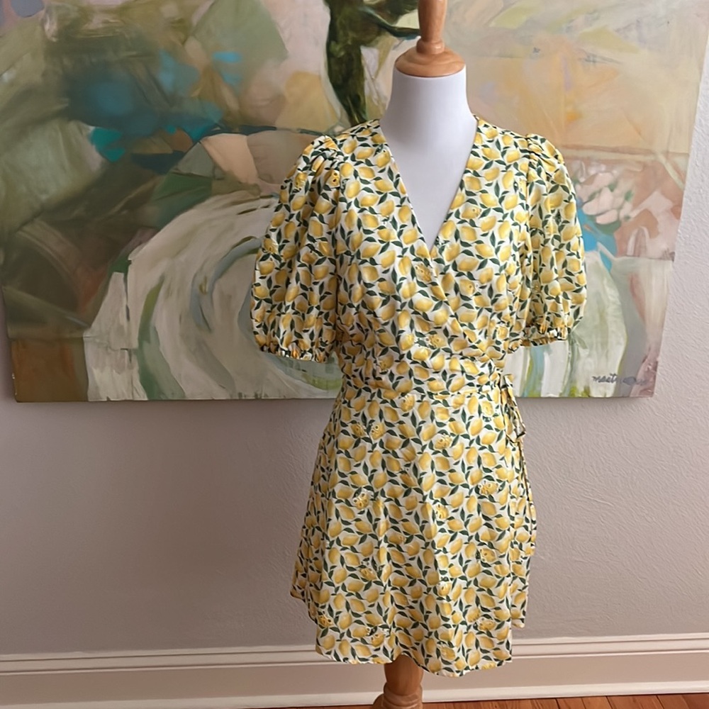 Gianni Bini Yellow Lemon Print Wrap Dress